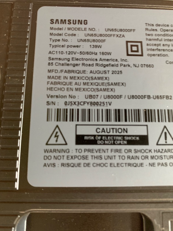 Photo 1 of ***MISSING HARDWARE*** Samsung 65-Inch Class Crystal UHD U8000F 4K Smart TV (2025 Model) Endless Free Content, Crystal Processor 4K, MetalStream Design, Knox Security, Alexa Built-in