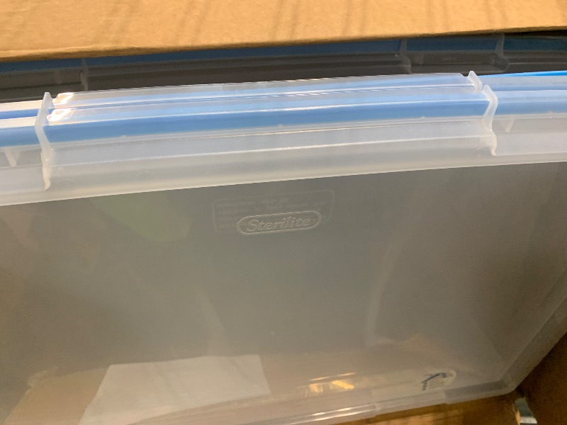 Photo 1 of ***Lid Damaged***Sterilite 120 Qt Wheeled Gasket Box, Stackable Storage Bin with Latching Lid, Handle and Tight Seal, Plastic Container with Clear Base and Lid, 3-Pack