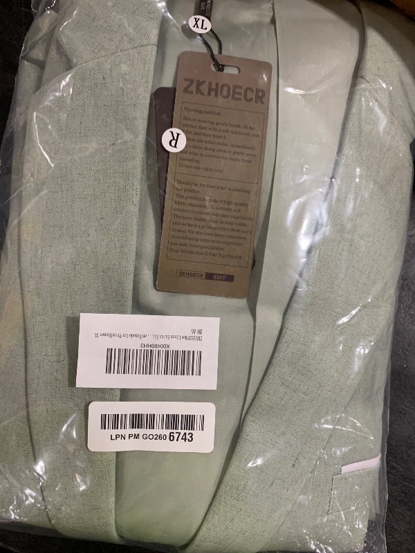 Photo 1 of ZKHOECR Men Linen Suits Slim Fit Beach Wedding Suit Summer Linen 3 Pieces Suit Jacket Vest Pant Light Green Tuxedo for Prom Dinner XL