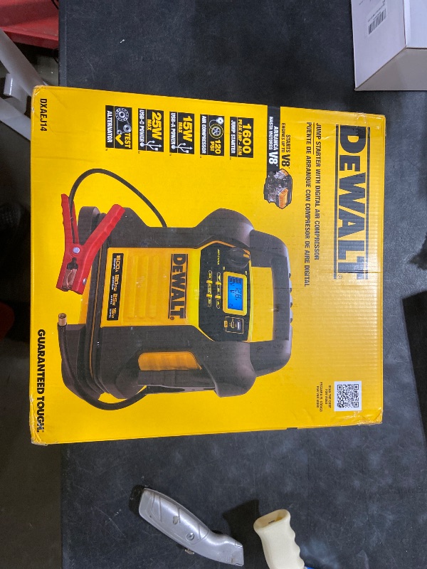 Photo 1 of DEWALT DXAEJ14 Digital Portable Power Station Jump Starter - 1600 Peak Amps with 120 PSI Compressor for Tires, Sports Equipment & Bikes, 15W USB-A and 25W USB-C Power