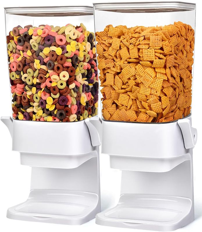 Photo 1 of Cereal Dispenser Countertop 2pcs,5.5L Cereal Containers Storage Dispenser for Pantry,Dry Food Storage Rice Containers,Candy Dispenser,Snack Organizer Machine for Grains, Nuts,Oatmeal, Pet Food White