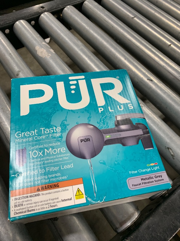 Photo 1 of PUR Plus Horizontal Faucet Mount Filtration System with 3-in-1 Lead Reducing Filter, Water Filter for Sink, Lasts 100 Gallons, Compatible with Sinks with External Aerators, Metallic Grey