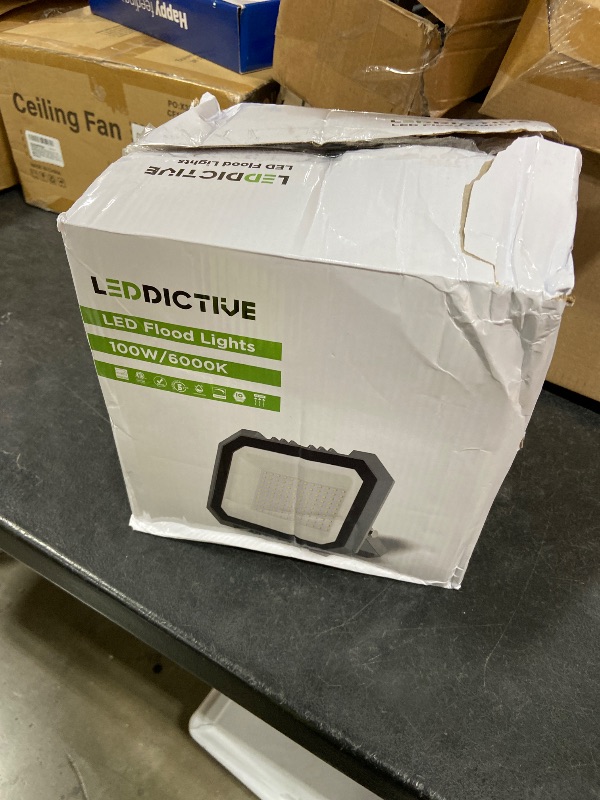 Photo 1 of Leddictive 4 Pack LED Flood Lights Outdoor, 100W 10000LM Super Bright Floodlight Outside Work Light with 5.9FT Plug, IP65 Waterproof 6000K Outdoor LED Flood Light for Garage, Yard, Lawn, Garden