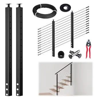 Photo 1 of Muzata 5-10FT Modular Black Side Mount Cable Railing Kit 42 Inch 2 Stair Post Kit Complete Set Cable Railing System for Stairs Length Adjustable with Paper User Guide (No Handrail) RWF1 BA4L