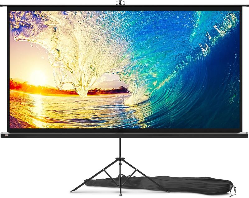 Photo 1 of 100 Inch Indoor and Outdoor Projector Screen with Stand for Movies or Presentations - HD Premium 16:9 Folding Free Tripod Screen with Carry Bag and Straps, Matte