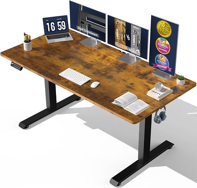 Photo 1 of VEKEN Standing Desk, Height Adjustable Electric Computer Desk, Sit to Stand Up, Modern Workstation for Home Office, Walking Pad, Writing, Gaming Bedroom Study, Brown