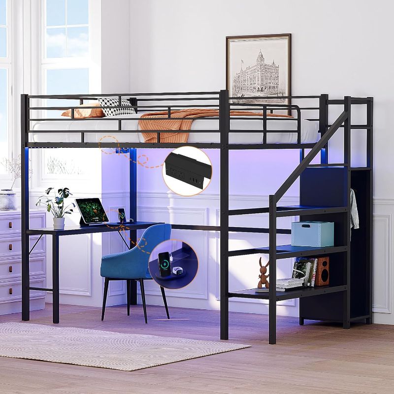 Photo 1 of VINGLI Full Size Loft Bed with Desk and Storage Stairs, 15-inch Extra Tall Guardrail, Metal High Sleeper Bed with 2 Charging Stations and LED Lights, Space