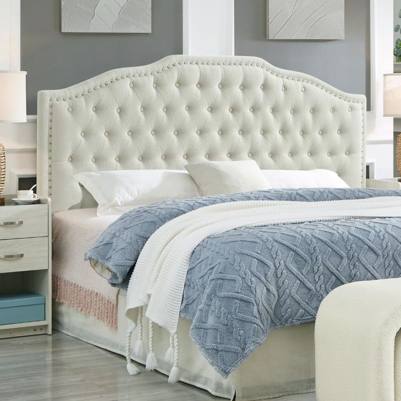 Photo 1 of 24KF Upholstered Button Tufted King Size Headboard with Nailhead Trim, Elegant Boucle Fabric California King headboard, 6031-K-Boucle-Beige
