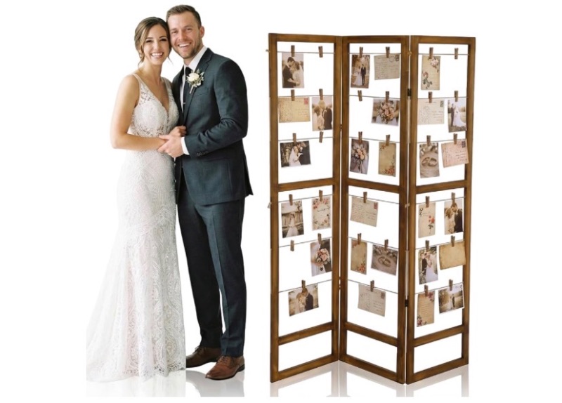 Photo 1 of Geelin 63 x 47 Inch Photo Display Board with Clip Farmhouse Picture Display Wooden Rustic Freestanding Picture Collage Frame Wedding Tabletop Decor for Home Dorm (3 Panel,Brown)