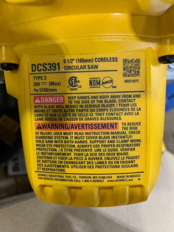 Photo 1 of DEWALT 20V MAX Circular Saw, Cordless Sidewinder Style Portable, 6-1/2-Inch Blade, 5150 RPM, 0-50 Degree Bevel Capability, Battery Not Included (DCS391B)