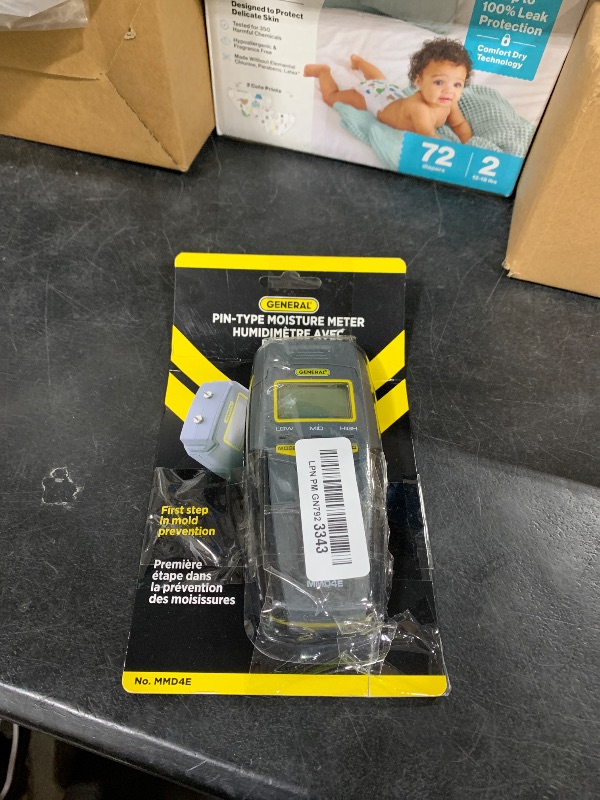 Photo 1 of General Tools MMD4E Digital Moisture Meter, Water Leak Detector, Moisture Tester, Pin Type, Backlit LCD Display With Audible and Visual High-Medium-Low Moisture Content Alerts, Grays