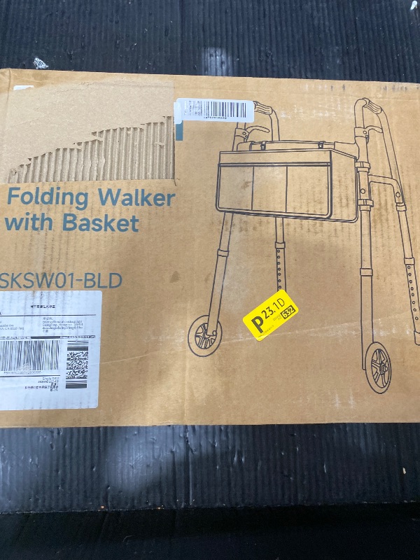 Photo 1 of HolyHeal Folding Walker for Seniors, Compact Rolling Walker with Basket and 2 Skis, Lightweight Aluminum Standard Walker Adjustable Height Supporting Up to 350lbs, Blue