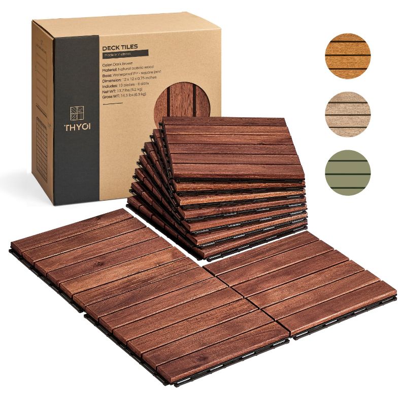 Photo 1 of THYOI Premium Deck Tiles, Patio Flooring - Set 10 Pcs 12”x12”x0.9” Interlocking Deck Tiles, Waterproof Acacia Wood for Balcony, Backyard, Indoor & Outdoor (Brown, Striped Pattern, Square Joints)