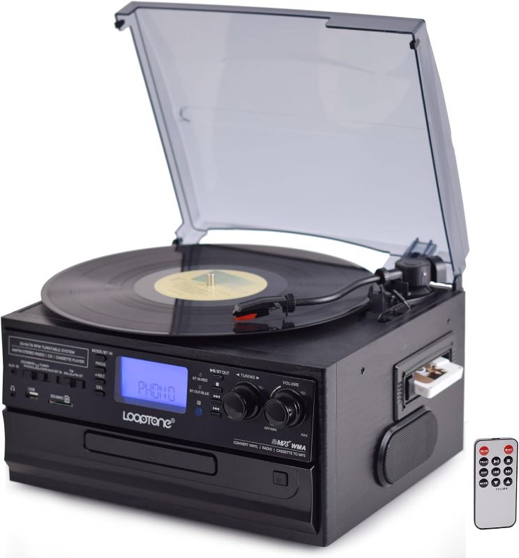 View 3 of 10 in 1 Vinyl Record Player 3 Speed Bluetooth CD Player Cassette Turntable