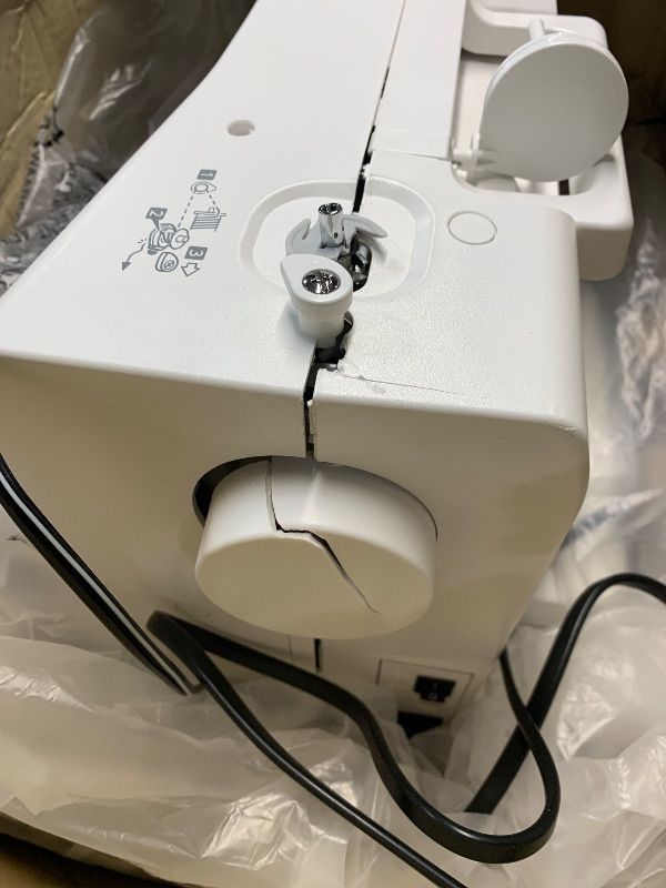 View 6 of *** MAJOR CRACKING, DAMAGE SHOWN IN PICTURE ***
*** PARTIAL SET, MISSING PARTS ***
Janome Memory Craft 1000 Embroidery Sewing Machine Combo - Computerized Machine with 300 Built in Stitches, 241 Designs, 12 One Step Buttonholes, Easy Hoop Tightening Syste