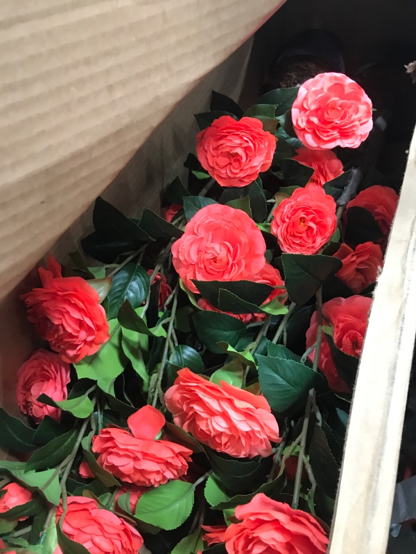 View 3 of 2 Pack 42" Fake Tree Rose Pink Artificial Camellia Tree with 36 Blooming Flowers Faux Floral Plant Tall Plastic Potted for Indoor Outdoor Office Shop Home Room Porch Front Door