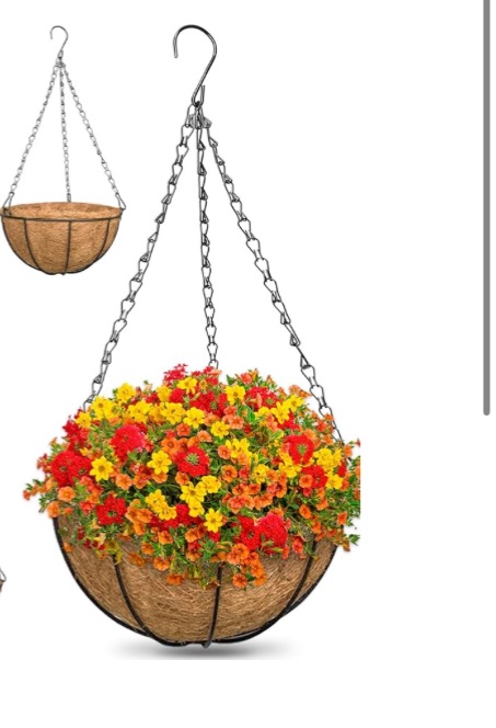 Photo 1 of 12 Inch Metal Round Hanging Planter Basket with Coconut Liners Replacement, Hanging planters Baskets with Natural Coco Liner for Outdoor Indoor Planters Flowers Vegetables