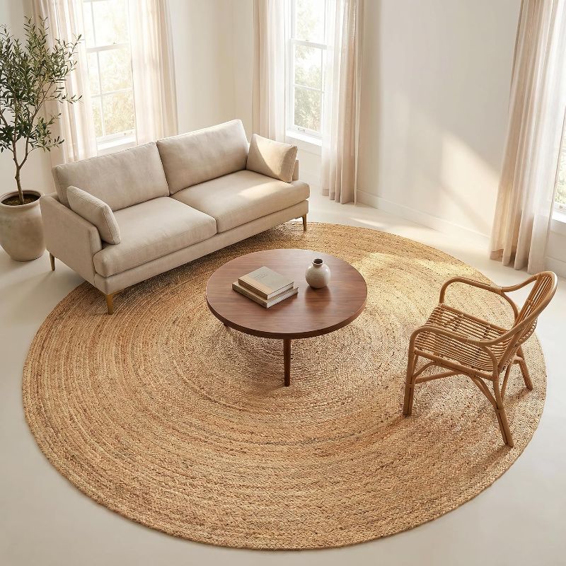 Photo 1 of Jute Braided Area Rug, Natural, Reversible Handwoven Circle Rug for Living Room, Bedroom, Nursery - Large Farmhouse Indoor Décor Floor Mat