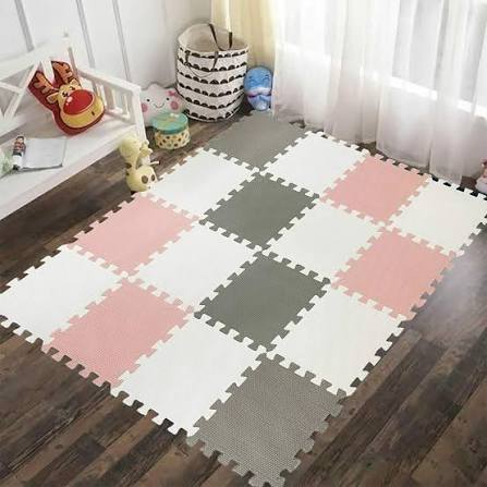 Photo 1 of Floor Mat Square Interlocking Carpet Tiles with Border Fluffy Play Mat Floor Tiles Soft Climbing Area Rugs for Home Playroom, 12 x 12 x 0.4 in(White, Pink, Gray)