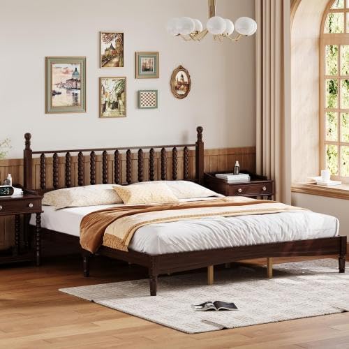 Photo 1 of ***LOOSE HARDWARE IN BOX*** Bellemave King Size Platform Bed Frame with Gourd-Shaped Headboard, Retro Style Wooden Platform Bed with Support Slats for Bedroom, Walnut