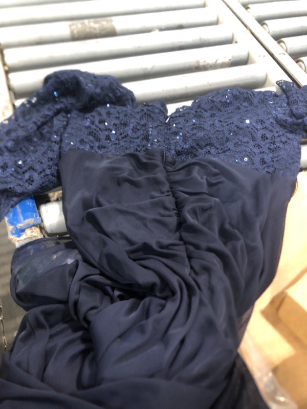 Photo 1 of ***BLUE***Betsy & Adam Women's Long Ruched Sheer Matte Jersey, Lace Bodice V-Neck Evening Dress with 3/4 Sleeve, Navy, 12