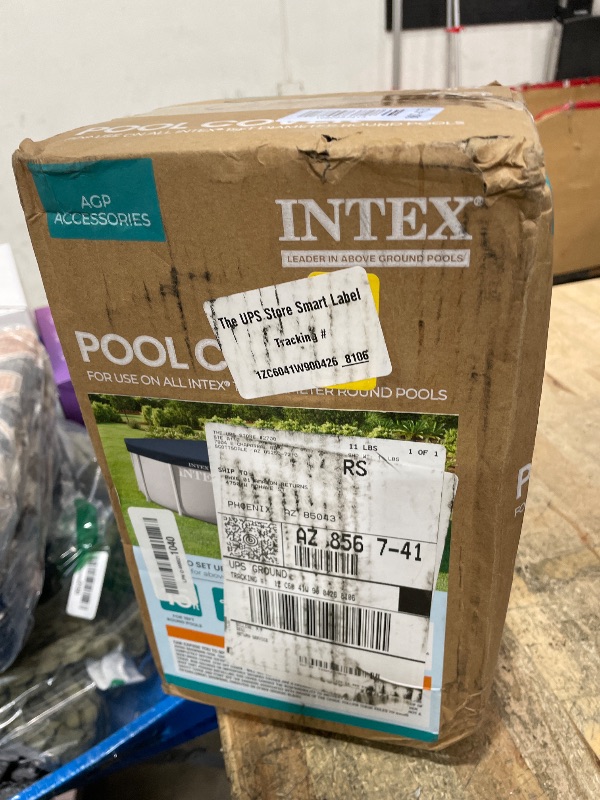 Photo 1 of **FACTORY SEALED** INTEX 28032E Pool Cover: for 15ft Round Metal Frame Pools – Includes Rope Tie – Drain Holes – 10in Overhang – Snug Fit
