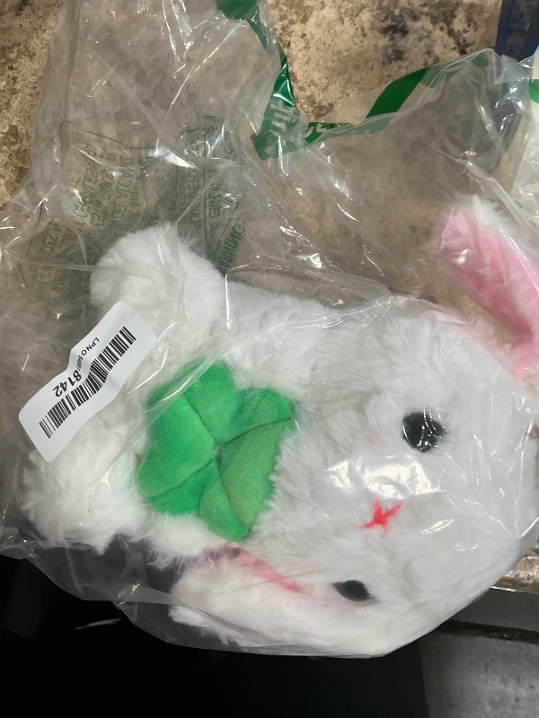 Photo 1 of **HAS A HOLE THAT NEEDS TO BE SEWN** HOUPU Soft Toy - Sitting Lop Eared Rabbit, Easter White Rabbit Stuffed Bunny Animal with Carrot Soft Lovely Realistic Long-Eared Standing Pink Plush Toys (White-Four Leaf,8.6in/22cm)