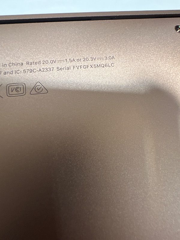 View 5 of **PARTS ONLY/SEE NOTES** 2020 Apple MacBook Air Laptop: Apple M1 Chip, 13” Retina Display, 8GB RAM, 256GB SSD Storage, Backlit Keyboard, FaceTime HD Camera, Touch ID. Works with iPhone/iPad; Gold