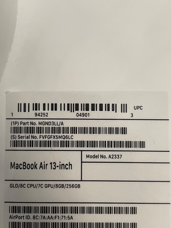View 9 of **PARTS ONLY/SEE NOTES** 2020 Apple MacBook Air Laptop: Apple M1 Chip, 13” Retina Display, 8GB RAM, 256GB SSD Storage, Backlit Keyboard, FaceTime HD Camera, Touch ID. Works with iPhone/iPad; Gold