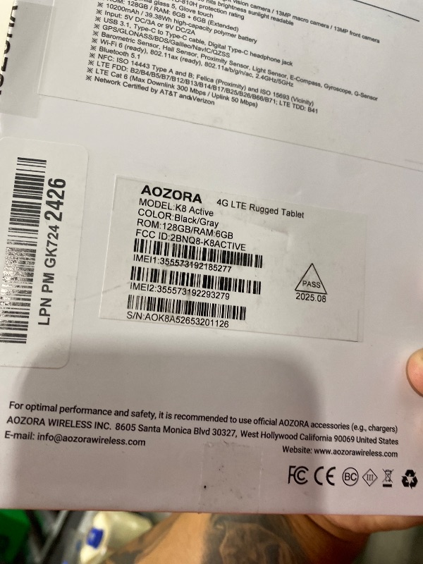 Photo 1 of AOZORA K8 Active Rugged Tablet, 8 Inch FHD+ 600nits Glove Touch AT&T Verizon Network certified PTCRB T-Mobile Unlocked Qualcomm 8Core 12+128GB 20MP night vision+25MP Camera 10200mAh IP68&IP69K/NFC/GPS