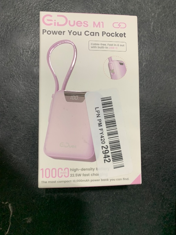 Photo 1 of Gidues M1 Mini Portable Charger, 10000mAh Ultra-Compact Power Bank, 22.5W PD Fast Charging, Tpye-C Built-in Cable, Small External Battery Pack for iPhone, Samsung, Android iPad (Pink)