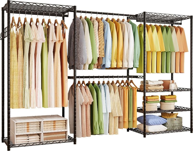 Photo 1 of ecobedding Heavy Duty Garment Rack, 900LBS Max Load Freestanding Closet Organizer with 6 Storage Shelves & 3 Adjustable Hanging Rods, Multifunctional (Black, 15.75" D x (69.7~88.2)" W x 79.5" H)