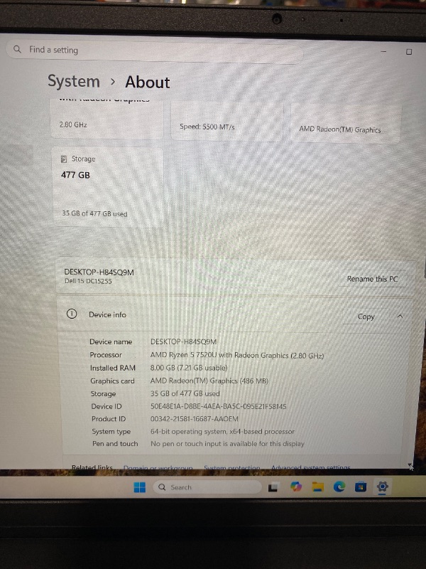 Photo 1 of Dell 15.6 Laptop, AMD Ryzen 5 7520U with Radeon 610M, Windows 11 Home