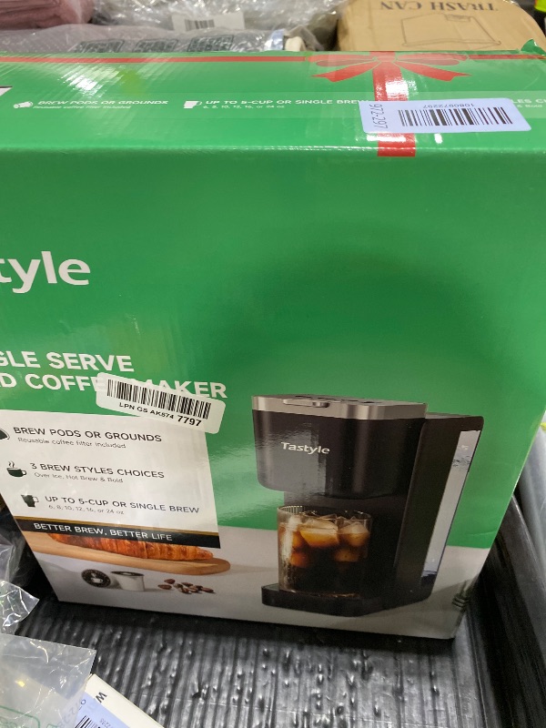 Photo 1 of Tastyle Single Serve Coffee Maker, Iced and Hot Coffee Machine for K Cup & Grounds, Compact Design, 40oz Removable Water Reservoir, 6 to 24 Oz Brew Sizes, Fits 7.3" Travel Mug, Black