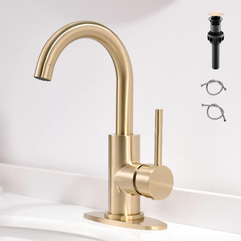 Photo 1 of Gold Bathroom Faucets with Pop-Up Drain, Modern Single Hole Bathroom Sink Faucet with Deck Plate Single Handle Lavatory Faucets Brushed Gold Bar Vanity Faucet
