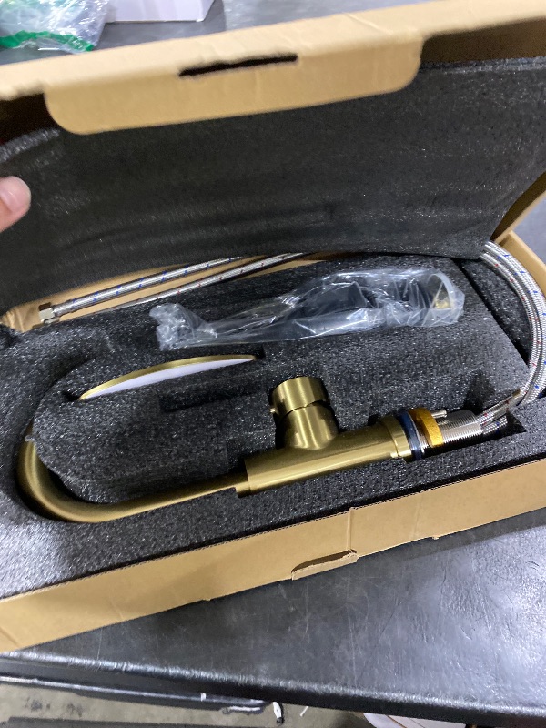 Photo 1 of Gold Bathroom Faucets with Pop-Up Drain, Modern Single Hole Bathroom Sink Faucet with Deck Plate Single Handle Lavatory Faucets Brushed Gold Bar Vanity Faucet
