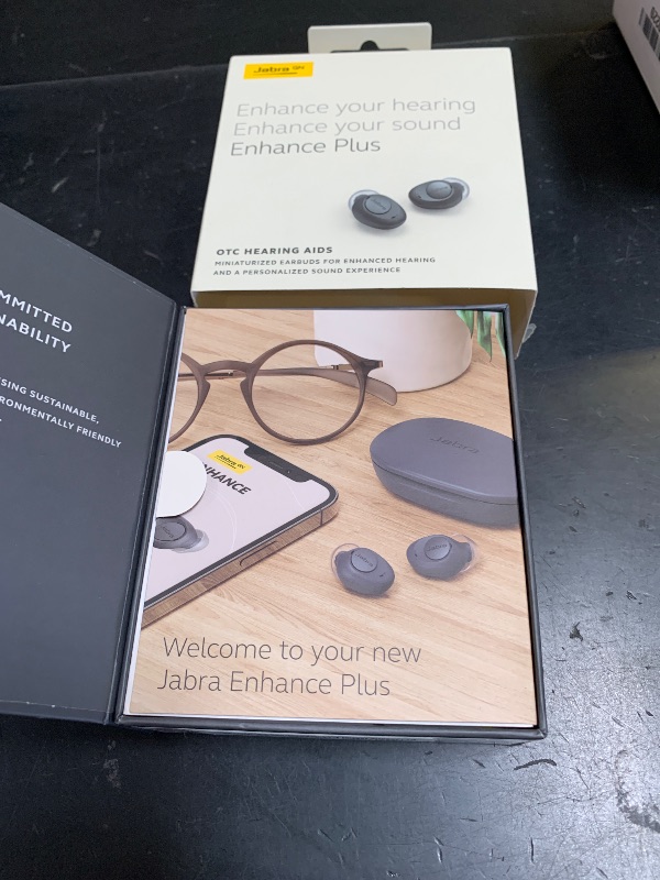 Photo 1 of Jabra Enhance Plus Self-Fitting OTC Rechargeable Hearing Aids for Advanced Hearing Enhancement, Music and Calls – (Incompatible with Android) 4 Mics and Powerful Speakers, Made for iPhone – Dark Grey
