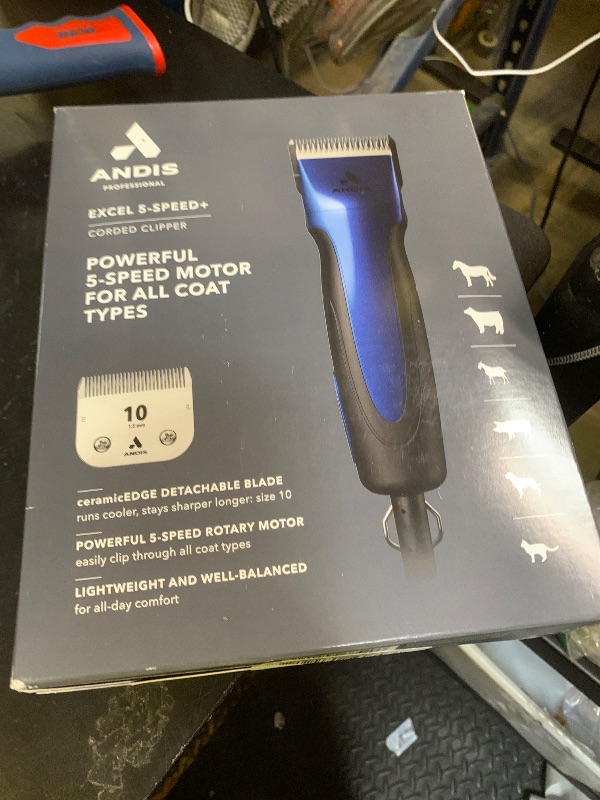 Photo 1 of Andis 68520 Excel Professional 5-Speed Detachable Blade Clipper Kit - Animal/Dog Grooming, Rotary Motor, Soft-Grip Anti-Slip Housing, 14-Inch Cord, for All Coats & Breeds, SMC, Blue