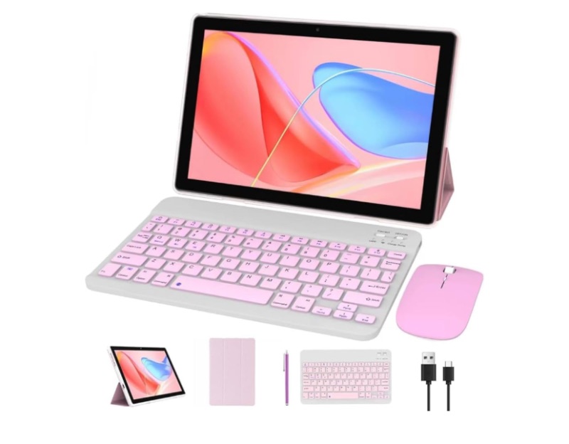 Photo 1 of Tablet 10 Inch Android 15 Tablets 2 in 1 Tablet With Keyboard 64GB+8GB RAM 10.1" Tablets 8MP Camera 6000mAh Battery, Include Keyboard/Mouse/ Case/ Stylus Pen/Bluetooth Wifi-6 Tab Pink/Girl Tableta PC