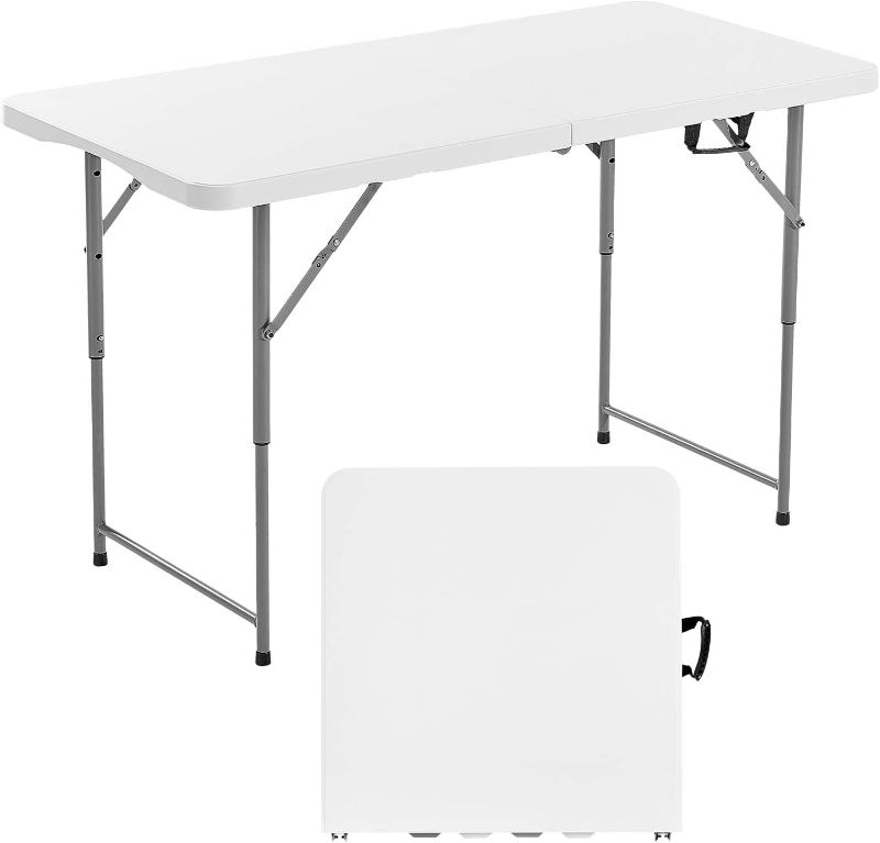 Photo 1 of VEVOR Folding Table, Heavy Duty Portable Fold-in-Half Utility Table, Indoor Outdoor Plastic Rectangle Table with Built in Handle, for Party, Dining, Wedding, Events, Picnic, Camping, 4 ft, White