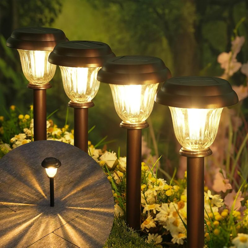 Photo 1 of Solar Lights Outdoor, 6 Pack Metal Solar Pathway Lights, Heavy Duty Stainless Steel & Glass, Auto On/Off Waterproof Garden Lights for Driveway Landscape Walkway Yard Outdoor Decor (Warm White)