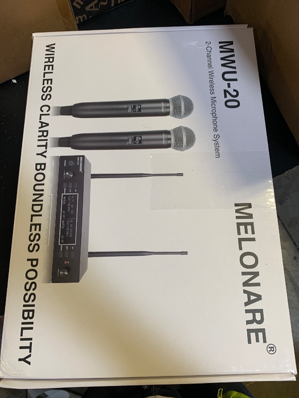 Photo 1 of Dual Channel Wireless Microphone System, MELONARE Auto-Scan Professional Cordless Dynamic Mic Set, 260ft Range, 2x100 UHF Metal Wireless Mic for Singing, Karaoke, Church, Wedding, DJ (MWU-20-2H)