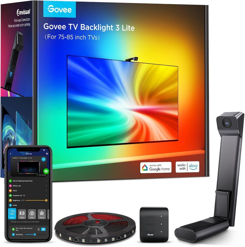 Photo 1 of Govee TV Backlight 3 Lite with Fish-Eye Correction Function Sync to 75-85 Inch TVs, 16.4ft RGBICW Wi-Fi LED Strip Lights with Camera, 4 Colors in 1 Lamp Bead, Voice and APP Control, Adapter