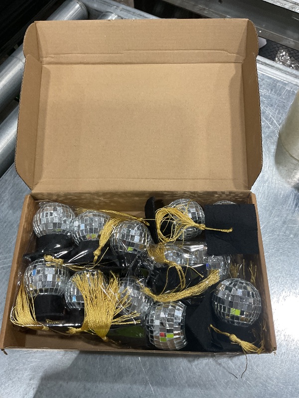 Photo 1 of 12 Pieces Graduation Ornaments Mirror Ball with Mini Graduation Hat Tiny Disco Ball Bright Reflective Mirror 4th of July Graduation Party Supplies, Room, Home, Bar, Hanging Disco Decor