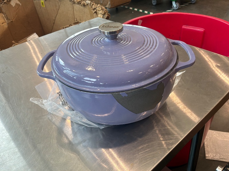 Photo 1 of [Side of Shell is broken, still usable] Lodge Essential Enamel Cast Iron Dutch Oven 6 Quarts - Perfect for Bread Baking, Braising, Marinating & Slow Cooking, Features Moisture-Sealing Lid & Dual Handles, Kitchen Essentials, Lilac