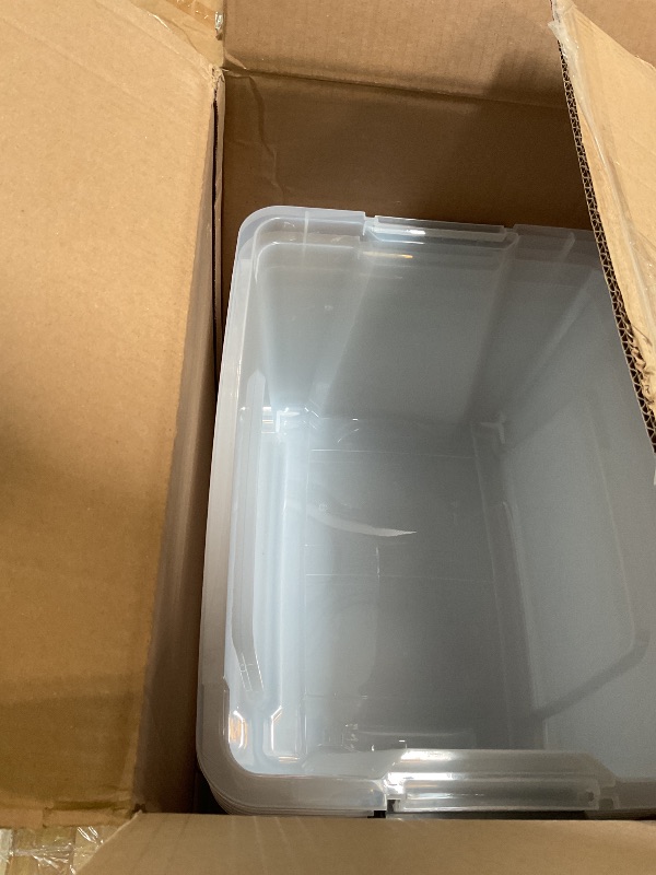 Photo 1 of *** PARIAL SET - NO LIDS TOTES ONLY***Amazon Basics Plastic Storage Containers with Secure Latching Lids, Stackable Organization Bins, Clear/Grey, 32 Quart, Set of 6