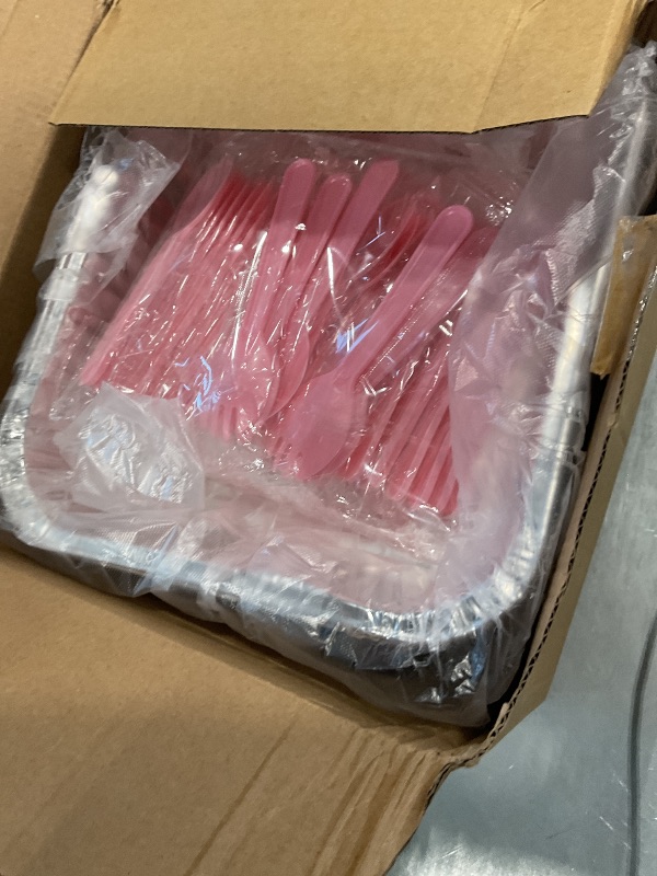 Photo 1 of (35-Pack) Pink 8x8 Inch Disposable Aluminum Pans with Plastic Lids,Stickers and Cake Spoons,Square Cake Pans for Parties,Baking Trays,Foil Pans for Holiday Cooking, Parties Meal Prep, Storage