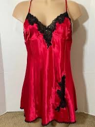 Photo 1 of Red Satin Slip Dress with Black Lace Trim two pcs