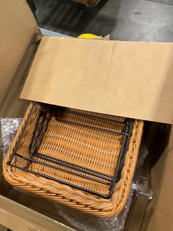 Photo 1 of **MISSING HARDWARE** Ziliny 2 Pack Imitation Rattan Plastic Bread Basket, with Acrylic Lid and Metal Display Stand Rectangle Woven Fruit Basket for Food Display Tabletop, 13.78 x 9.84'' (Flip Top Food Cover)
