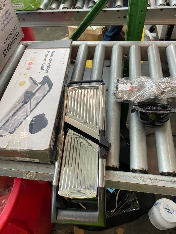 Photo 1 of ***MISSING THE KNOB THAT HOLDS THE BLADES*** Gramercy Adjustable Mandoline Food Slicer, Mandoline Slicer for Kitchen, Mandolin, Potato, Tomato, Carrot, Vegetable, Fruit and Onion Cutter - Stainless Steel - INCLUDING 1 Pair Cut-Resistant Gloves